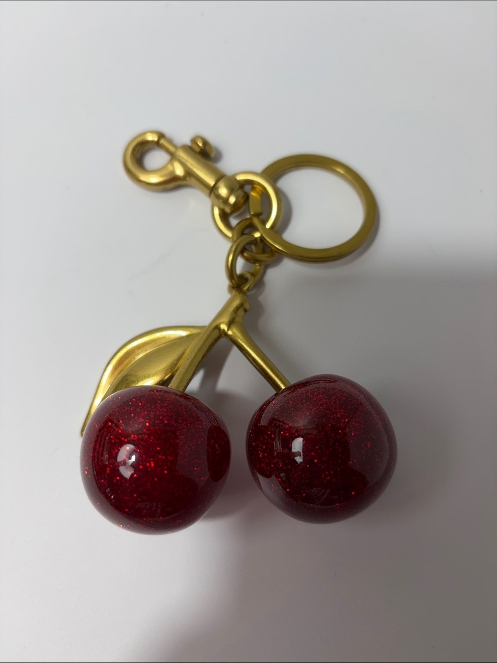 Gold Cherry Keychain with Red Glitter Charms